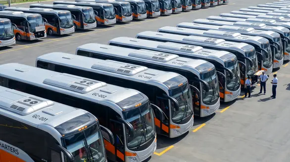 Amplia flotilla de autobuses modernos estacionados en un centro de operaciones de transporte de pasajeros