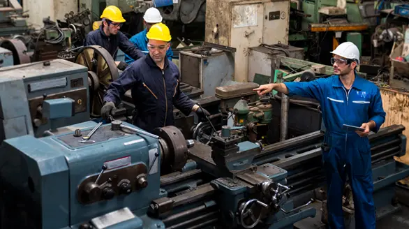 Técnicos e ingenieros supervisando el funcionamiento de maquinaria pesada en un taller metalúrgico
