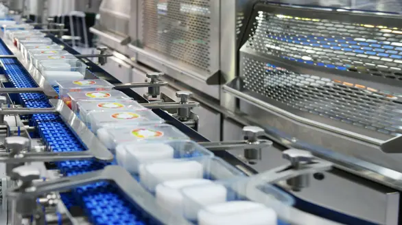 Línea de producción automatizada de acero inoxidable en planta procesadora de alimentos