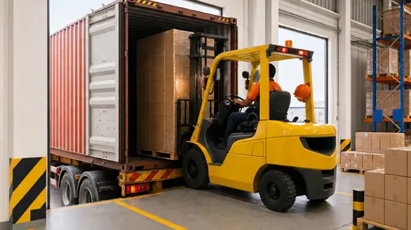 Operador manejando un montacargas amarillo cargando mercancía en un contenedor dentro de un centro de distribución logístico